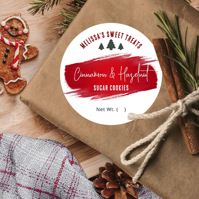 Christmas Cookies Dessert Flavor Festive Red Green Classic Round Sticker (Spread the festive cheer with custom red watercolor holiday bakery stickers)