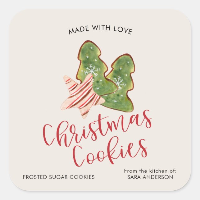 Christmas Cookies Made With Love Trendy Watercolor Square Sticker (Front)