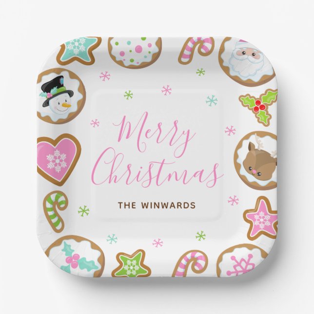 Christmas Cookies Merry Christmas Pink and Green Paper Plates (Front)