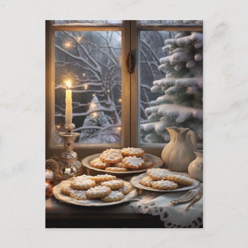 Christmas cookies on a snowy day postcard