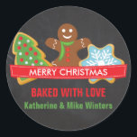 Christmas Cookies on Chalkboard Classic Round Sticker<br><div class="desc">© 2015 Socialite Designs. Seal your holiday baked goods with this cute and customizable Merry Christmas text and Christmas Cookie design. The cookies include a gingerbread man,  a Christmas tree and a snowflake on a chalkboard background.</div>