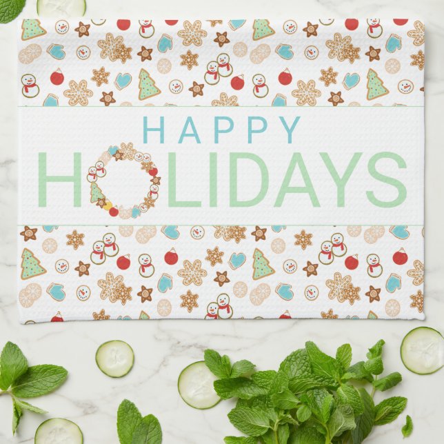 Christmas Cookies Patterned Happy Holidays Kitchen Towel (Folded)