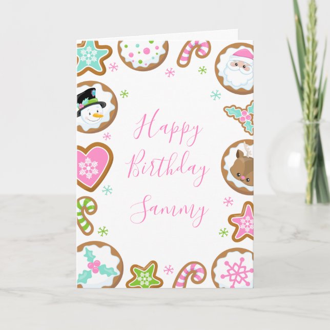 Christmas Cookies Pink and Green Happy Birthday Card (Front)