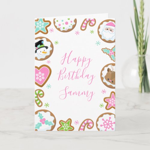Christmas Cookies Pink and Green Happy Birthday Card