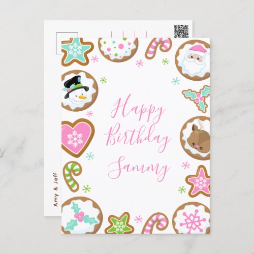 Christmas Cookies Pink and Green Happy Birthday Postcard
