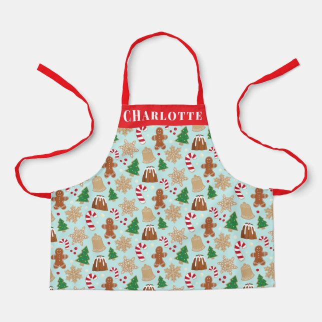 Christmas Cookies Pudding Holiday Baking Kids Name Apron (Front)