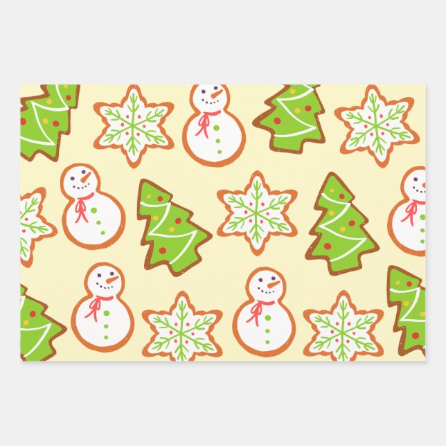 Christmas Cookies Snowman Tree Star Pattern Wrapping Paper Sheets (Front)