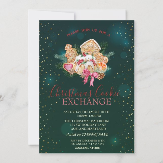 Christmas Cookies Stars Green Christmas Invitation (Front)