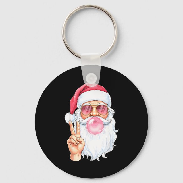 Christmas Cool Santa Bubble Gum Peace Sign Retro S Keychain (Front)