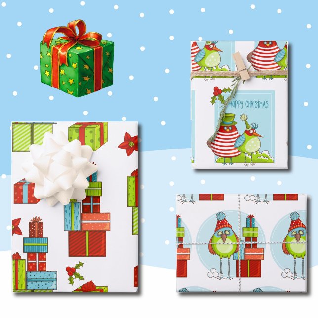 Christmas Coordinates Quirky Birds 3 Wrapping Paper Sheets (Creator Uploaded)