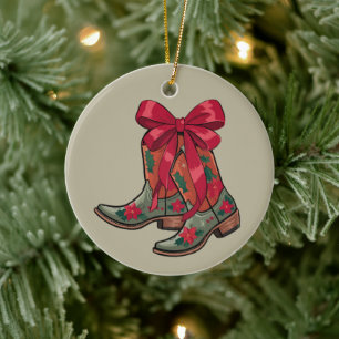 Christmas Coquette Boots Western Cowgirl Xmas Ceramic Ornament