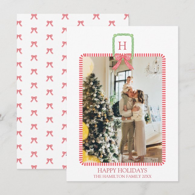 Christmas Coquette Bow Photo Grandmillennial Holiday Card (Front/Back)