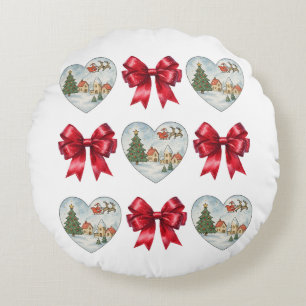 Christmas Coquette Heart and Bows Pattern Round Pillow