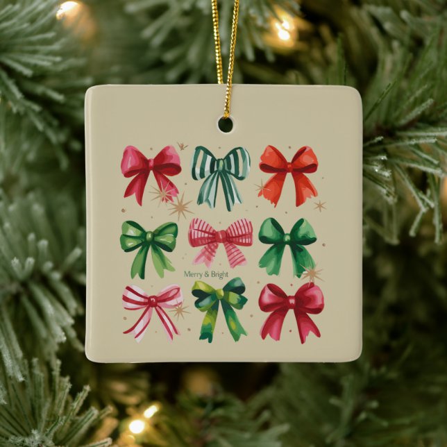 Christmas Coquettes Red Green Bow Xmas Season Girl Ceramic Ornament (Tree)