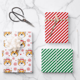 Christmas Corgi Dog and Stripes Wrapping Paper Sheets