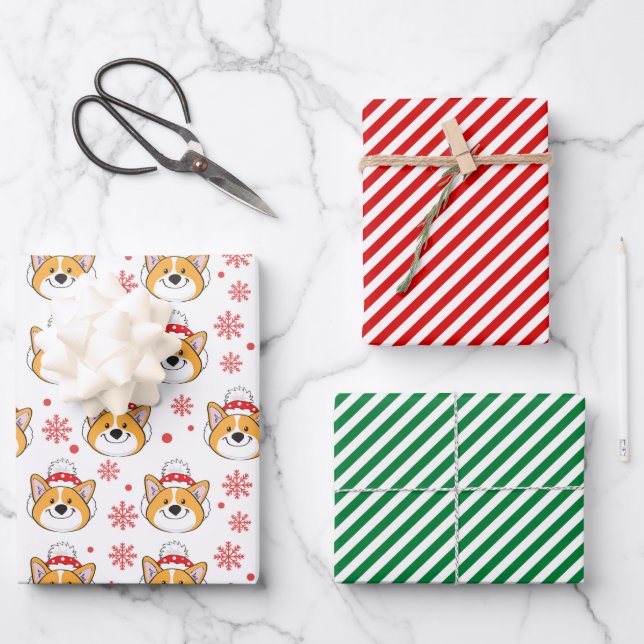 Christmas Corgi Dog and Stripes Wrapping Paper Sheets (Front)