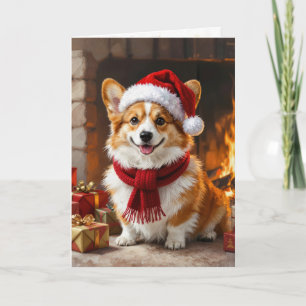 Christmas Corgi Dog by the Fireplace Card