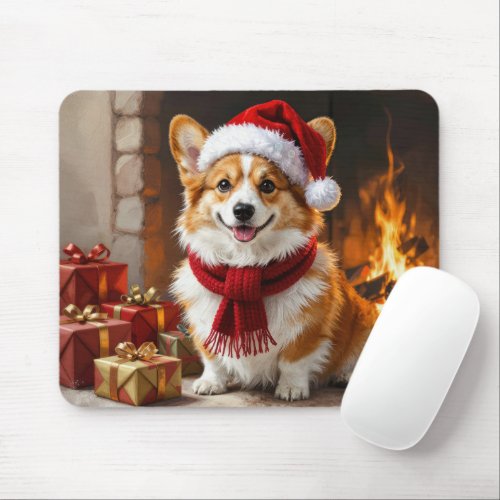 Christmas Corgi Dog by the Fireplace Mouse Pad