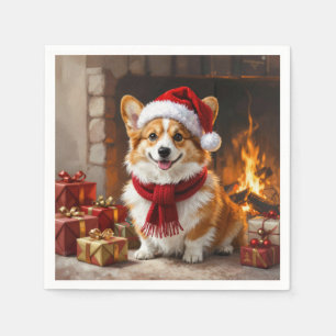 Christmas Corgi Dog by the Fireplace Napkins