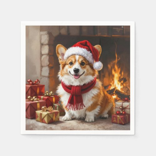 Christmas Corgi Dog by the Fireplace Napkins