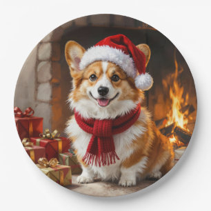 Christmas Corgi Dog by the Fireplace Paper Plates