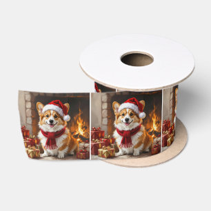 Christmas Corgi Dog by the Fireplace Satin Ribbon