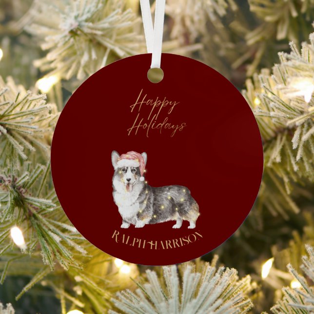 Christmas Corgi Dog Pet Custom Name Metal Ornament (Insitu)