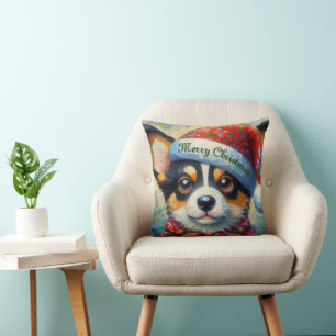 Christmas Corgi Dog Puppy Santa Hat Seasonal Red Throw Pillow
