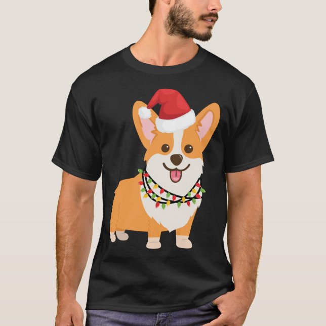 Christmas Corgi Dog with Santa Hat and Christmas L T-Shirt (Front)