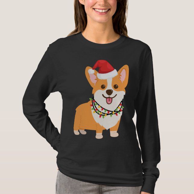 Christmas Corgi Dog with Santa Hat and Christmas L T-Shirt (Front)