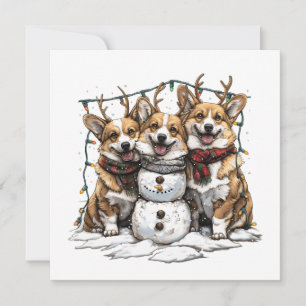 Christmas Corgi Dogs Snowman Holiday Card