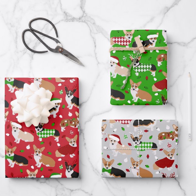 Christmas Corgi Dogs Wrapping Paper Sheets (Front)