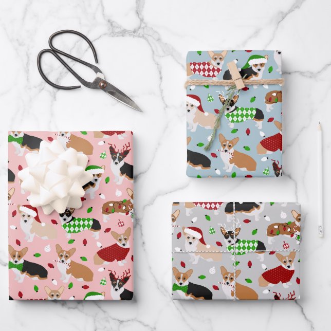 Christmas Corgi Dogs Wrapping Paper Sheets (Front)