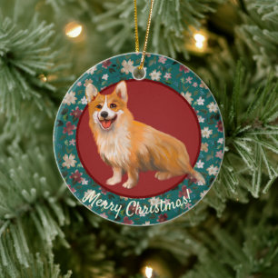 Christmas corgi floral ceramic ornament