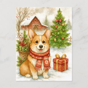 Christmas Corgi on the Farm Watercolor Postcard