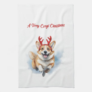 Christmas Corgi with Reindeer antlers leaping  Kitchen Towel