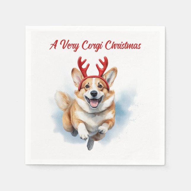 Christmas Corgi with Reindeer antlers leaping  Napkins (Front)