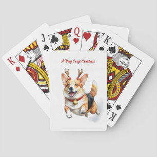 Christmas Corgi with Reindeer antlers leaping Poker Cards