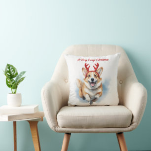 Christmas Corgi with Reindeer antlers leaping Throw Pillow