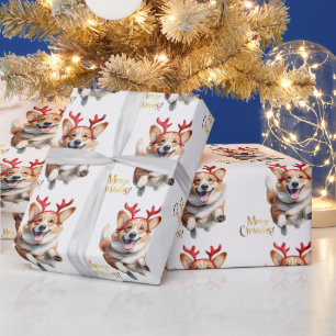 Christmas Corgi with Reindeer antlers  Wrapping Paper