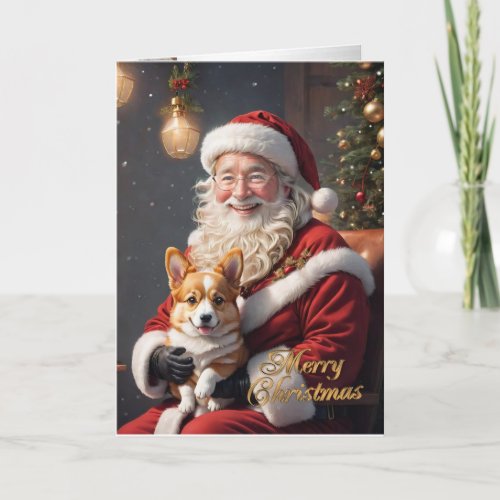 Christmas Corgi with Santa Holiday Card