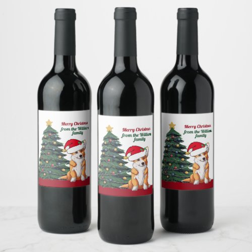 Christmas Corgi with Tail Santa Hat Custom Gift Wine Label