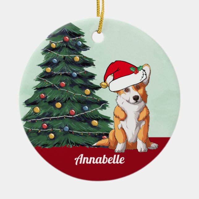 Christmas Corgi with Tail Santa Hat Personalized Ceramic Ornament (Front)