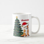 Christmas Corgi with Tail Santa Hat Personalized Coffee Mug<br><div class="desc">This beautiful Pembroke Welsh Corgi dog has their head tilted inside of a cute Santa Claus hat. The pup is sitting in front of a pretty Christmas tree decorated with colorful ornaments. Personalize your pet's name in lovely cursive under the wonderful drawing of my favorite doggy on a festive holiday...</div>