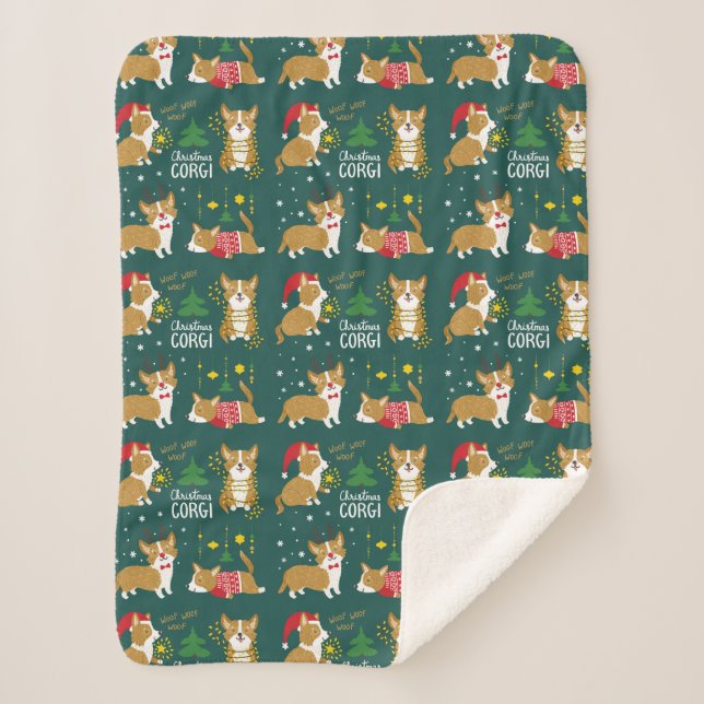 Christmas Corgi | Woof Woof Woof Sherpa Blanket (Front)