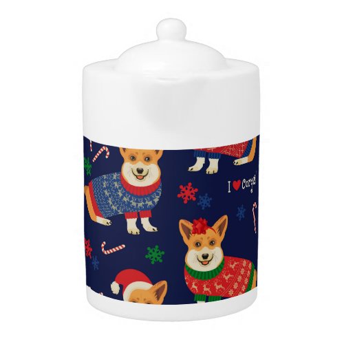 Christmas Corgis Festive Vintage Illustration Teapot