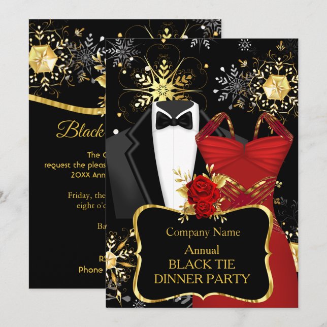 Christmas Corporate Black Tie Dinner Party Red Invitation (Front/Back)
