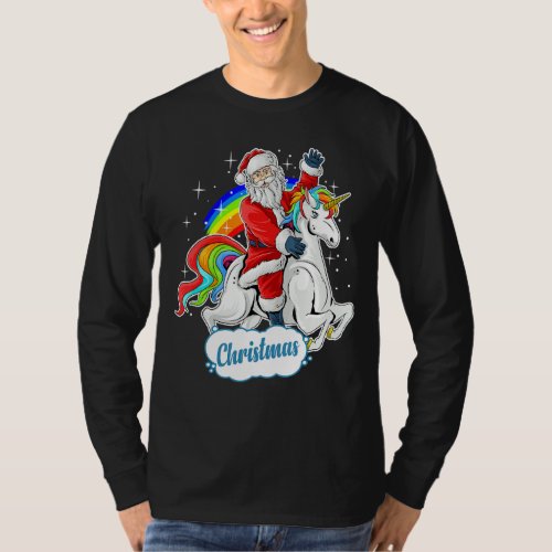 Christmas Costume Xmas Pj Santa Riding Unicorn T_Shirt