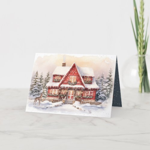 Christmas Cottage and Deer In Snowflakes Holiday Card