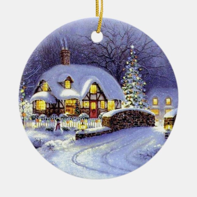 Christmas Cottage Ceramic Ornament (Front)